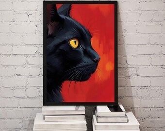Peut inclure: Un chat noir aux yeux jaunes vifs regarde vers la droite. Le chat est sur un fond rouge.