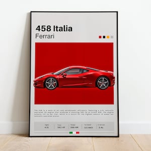 Ferrari 458 Italia Poster, Ferrari Poster, Car Poster, Motorsports Poster, Car Gifts, Mid-Century Modern, Cars Bedroom Art, Car Wall Art