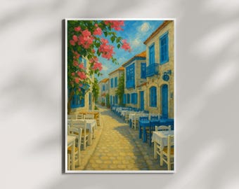 Mediterranean Village Oil Painting Style Print - Mediterranean Village Oil Painting Style Poster, Printable Wall Art Digital Download