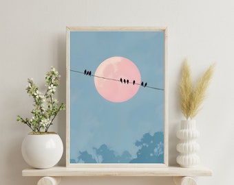 Birds on Wire Wall Art – Minimalist Printable Poster – Nature Inspired Digital Download – Modern Boho Wall Decor – Instant Download