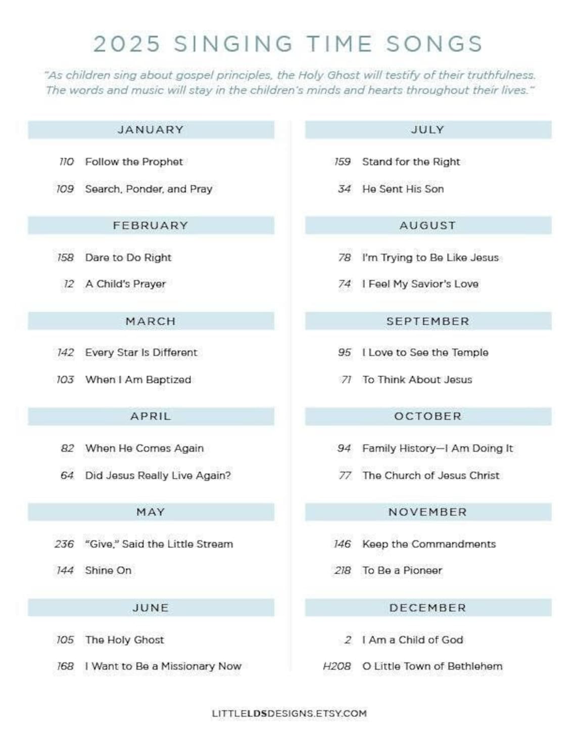 2025 Singing Time Songs Lds Primary Printable Etsy