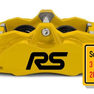 以下が含まれることがあります： 黄色のブレーキキャリパーに黒い「RS」のデカールが貼られています。3つの異なるサイズと28色の6つのデカールのセットです。