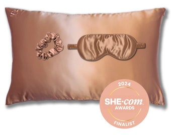 May include: A rose gold silk pillowcase and matching eye mask with a hair scrunchie. The pillowcase and eye mask are made of 100% mulberry silk. The set is a 2024 SHE-com Awards Finalist.