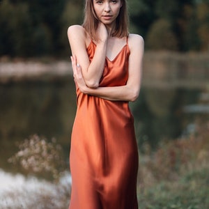Tuscan orange silk slip dress. 90s cami dress