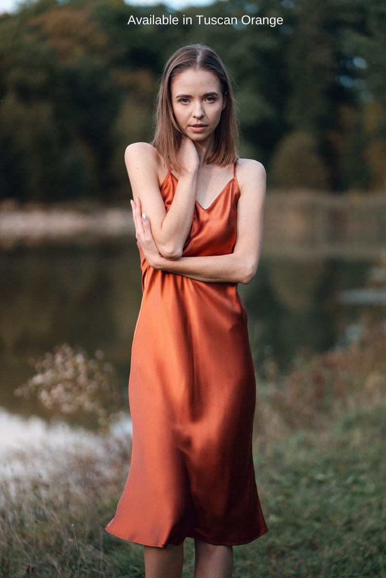 Tuscan orange silk slip dress. 90s cami dress