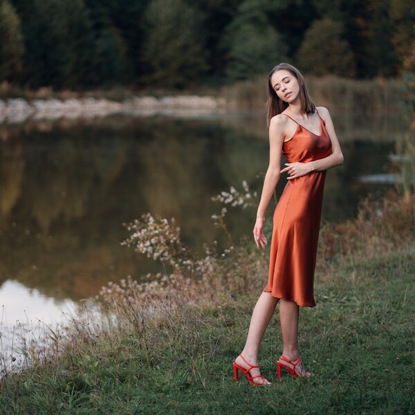 Pure Silk Slip Dress | Burnt Orange Cami Dress | Bias cut dress | 100% silk dress | Silk Nightgown | Rust Party dress | Silk Satin \ Dress