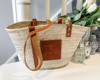 Personalised Straw French Basket bag Straw beach tote Customised straw basket bag Personalized bag Artisan Natural leather Moroccan bag Gift