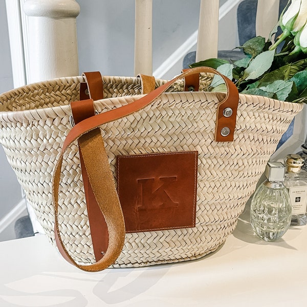 Personalised Straw French Basket bag Straw beach tote Customised straw basket bag Personalized bag Artisan Natural leather Moroccan bag Gift