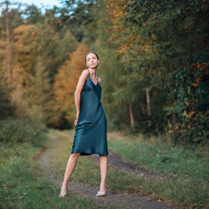 Navy blue silk slip dress. Bias cut and adjustable spaghetti straps