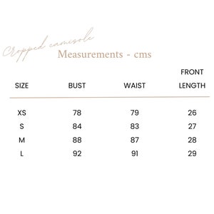 Cropped camisole measurement table