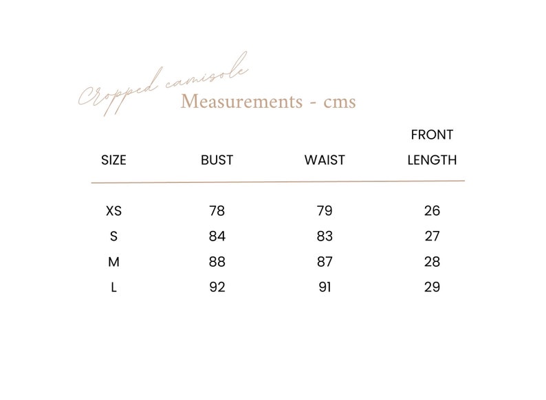 Cropped camisole measurement table
