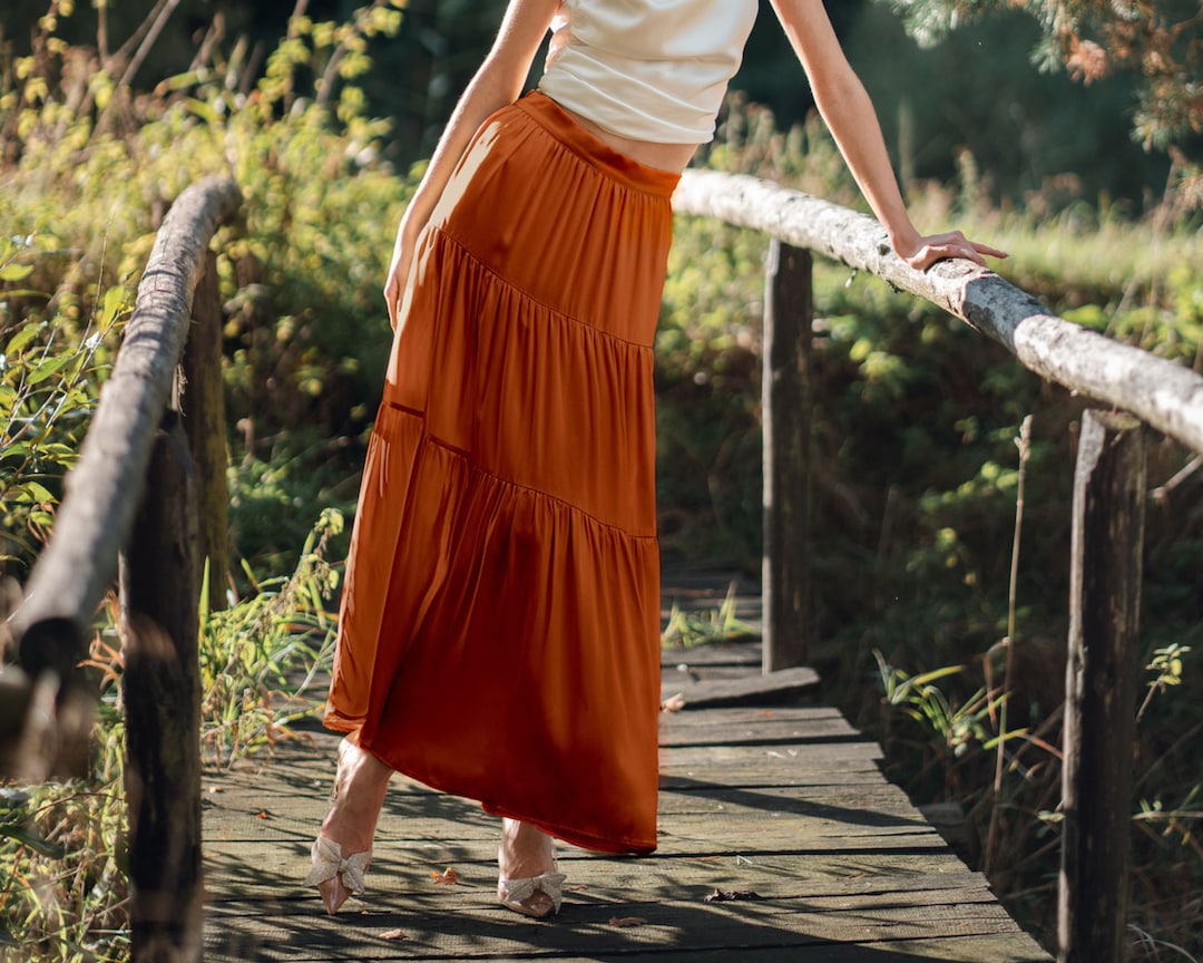 Burnt Orange Silk Maxi Skirt Long Boho Silk Skirt Flowy Long Summer — free download