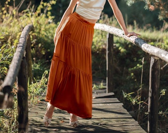 Burnt Orange silk maxi skirt | Long boho silk skirt | Flowy long summer skir t Evening cocktail party skirt | Orange maxi ski rt Rust s kirt