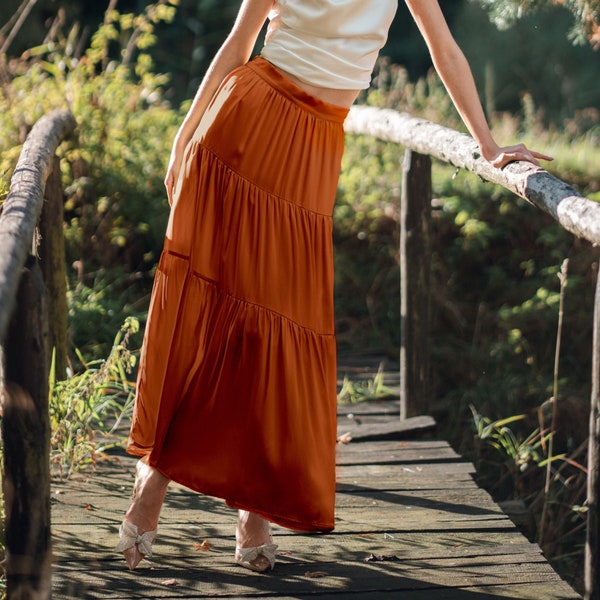 Burnt Orange zijden maxirok | Lange boho zijden rok | Zwierige lange zomerrok Avondcocktailfeestrok | Oranje maxirok Roest rok