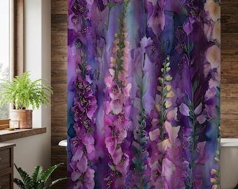 Lilac Rose Foxgloves Floral Shower Curtain, Purple Botanical Art Bathroom Décor, Elegant Watercolor Boho Flower Print 71x74
