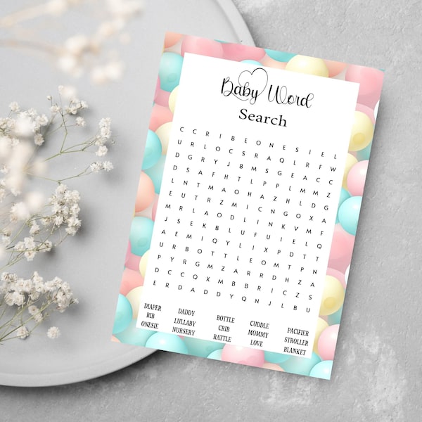 Baby Shower Word Search | Printable Baby Shower Game | Baby Word Search | Colorful Balloons Gender Neutral Fun Baby Shower Game Download