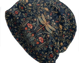 William Morris Inspired Dragonfly Beanie, Thin Lightweight Slouchy Hat, Botanical Floral Skull Cap, Navy Rust