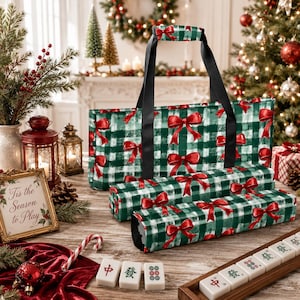 Christmas Mahjong Bag Set, Holiday Mahjong Tote Bag, Christmas Bow Mahjong Tile Bag, Buffalo Plaid Mahjong Rack Bag, Festive Mahjong