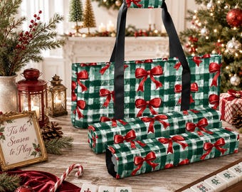 Christmas Mahjong Bag Set, Holiday Mahjong Tote Bag, Christmas Bow Mahjong Tile Bag, Buffalo Plaid Mahjong Rack Bag, Festive Mahjong