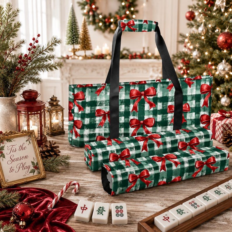 Christmas Mahjong Bag Set, Holiday Mahjong Tote Bag, Christmas Bow Mahjong Tile Bag, Buffalo Plaid Mahjong Rack Bag, Festive Mahjong Bild 1