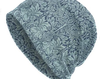 Botanical Beanie, William Morris Eagle and Rabbit Print, Muted Blue Slouchy Fit