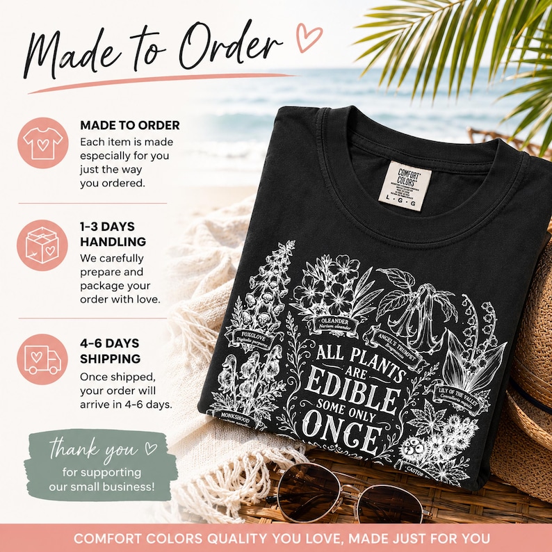 May include: A black t-shirt featuring a white botanical illustration of various plants including foxglove, oleander, angel's trumpet, lily of the valley, monkshood, and castor bean, with the text "ALL PLANTS ARE EDIBLE SOME ONLY ONCE".