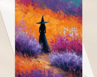 Personalized Impasto Style Witch Greeting Card | Fantasy Autumn Meadow Card | Custom Inside Message | Whimsical Halloween Art Card