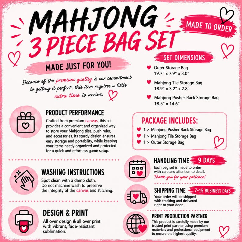 May include: A white informational graphic with pink accents detailing a Mahjong 3 piece bag set. It lists set dimensions in inches, package contents, washing instructions, and production details. The text includes headings like Product Performance, Set Dimensions, and Package Includes, decorated with small heart icons.