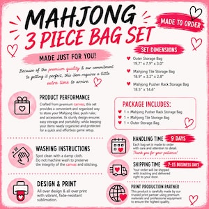 May include: A white informational graphic with pink accents detailing a Mahjong 3 piece bag set. It lists set dimensions in inches, package contents, washing instructions, and production details. The text includes headings like Product Performance, Set Dimensions, and Package Includes, decorated with small heart icons.