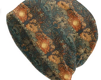 William Morris Style Sunset Floral Slouchy Beanie – Soft Lightweight Skull Cap, Thin Bonnet Hat for Men & Women, Vintage Botanical Pattern