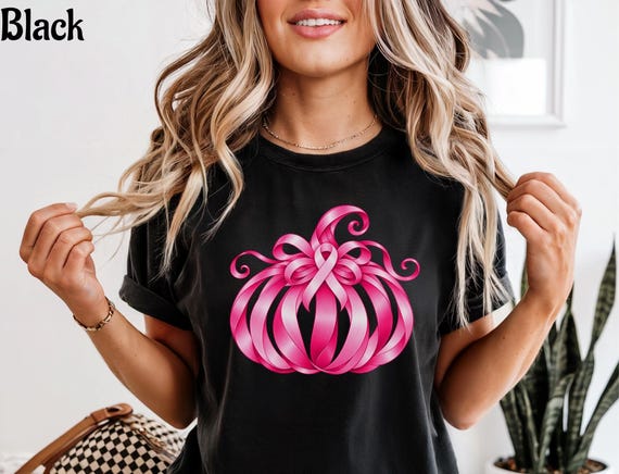 Breast Cancer Awareness Pumpkin Bow Shirt, Pink Ribbon Halloween Shirt, Breast Cancer Survivor Gift, October Awareness Tee, Witchy Shirt
