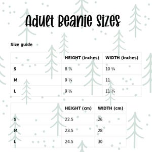 May include: A size guide for adult beanies, with measurements in inches and centimeters. The chart shows sizes S, M, and L, with corresponding height and width dimensions. The text "Adult Beanie Sizes" is at the top.