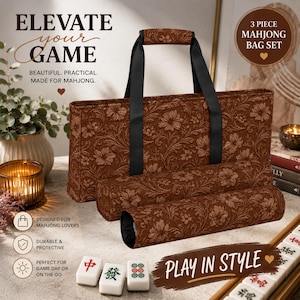 May include: A three-piece mahjong bag set in a brown floral pattern. The set includes a large rectangular tote with black handles and two smaller cylindrical cases. The text reads: ELEVATE YOUR GAME, BEAUTIFUL. PRACTICAL. MADE FOR MAHJONG., 3 PIECE MAHJONG BAG SET, DESIGNED FOR MAHJONG LOVERS, DURABLE & PROTECTIVE, PERFECT FOR GAME DAY OR ON THE GO, PLAY IN STYLE.