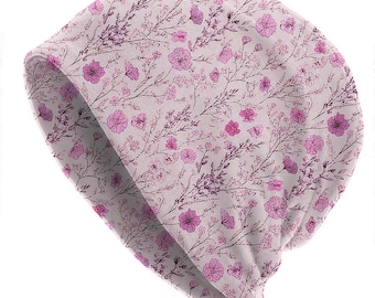 No Cuff Pink Beanie, Floral Slouchy Bonnet, Thin Spring Botanical Skull cap