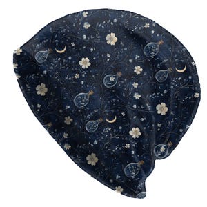 Berretto morbido blu navy con stampa floreale a luna, motivo botanico a bottiglia celeste, berretto leggero e sottile, cappello boho stravagante