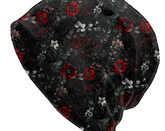 Dark Romance Floral Slouchy Beanie – Gothic Rose Bonnet, Soft Thin Stretchy Skull Cap for Men and Women, Black & Red Botanical Print