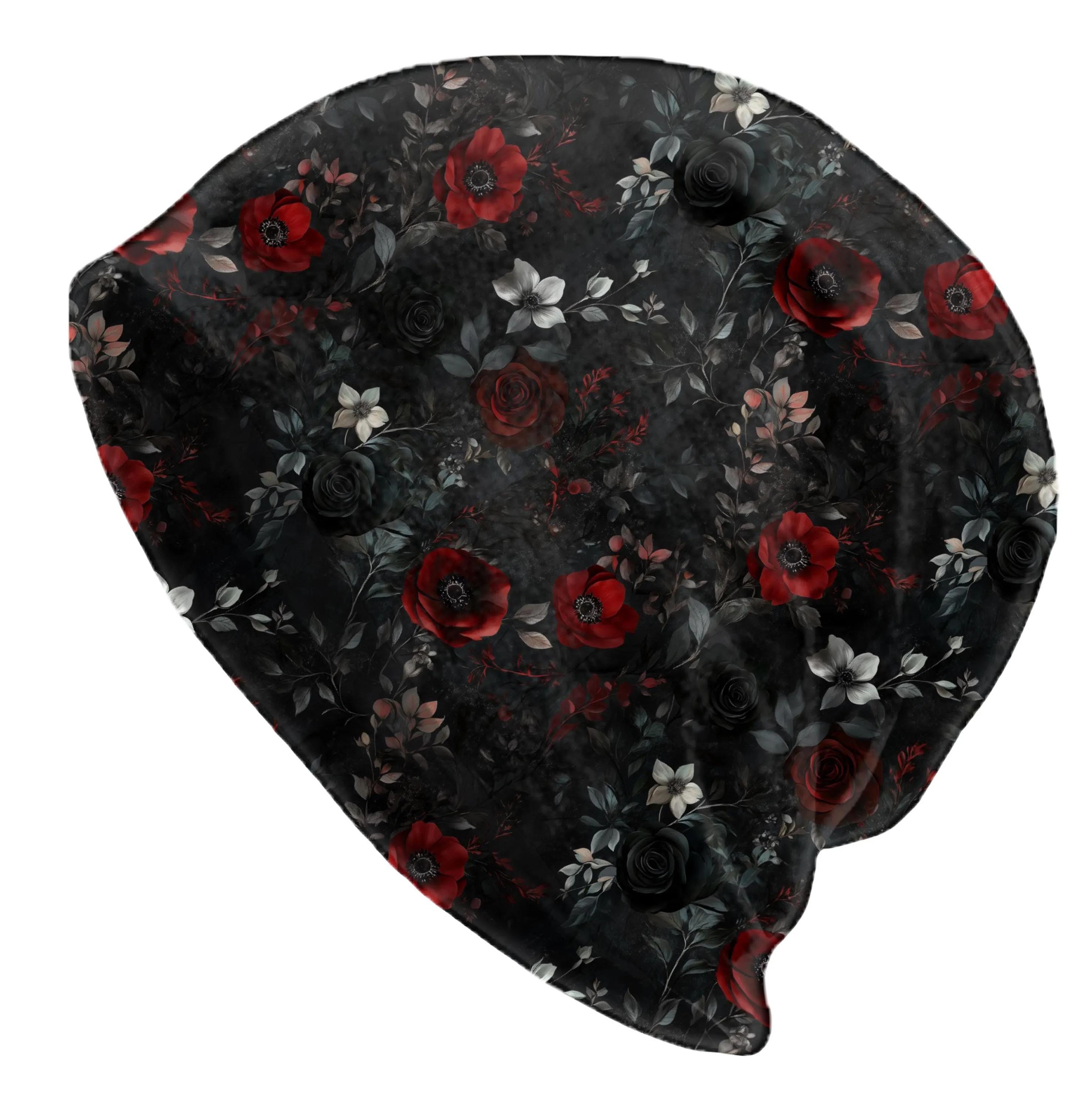 New Custom Designed Black Slouchy Pom Beanie with Black & White Embroidered Rose holybeing Pom-Pom Beanie Taste like Roses – HolyBeing main image 2