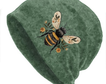 Vintage Botanical Bee Thin Beanie for Men and Women, Green Floral Bumblebee Lightweight Soft Stretch Skull Cap