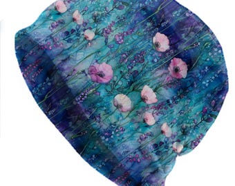 Watercolor Wildflower Beanie, Thin Soft Slouchy Hat for Women and Men, Blue & Purple Floral Art Print, Skull Cap, Soft Bonnet