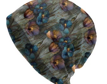 Teal Purple Floral Slouchy Beanie, Elegant Botanical Gold Accent Pattern, Soft Thin Lightweight Skull Cap, Artistic Boho Hat
