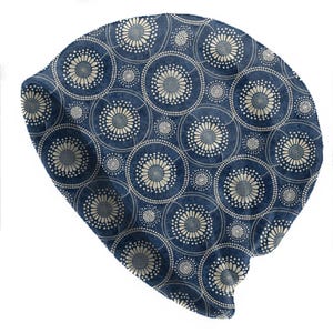 Indigo Shibori Circle Medallion Slouchy Beanie, Japanese Tie Dye Dot Pattern Hat, Soft Thin Lightweight Skull Cap Blue White