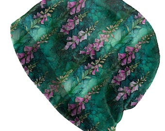 Emerald Foxglove Slouchy Beanie, Teal Floral Skull Cap, Botanical Beanie Hat, Lightweight Thin Beanie, Watercolor Wildflower