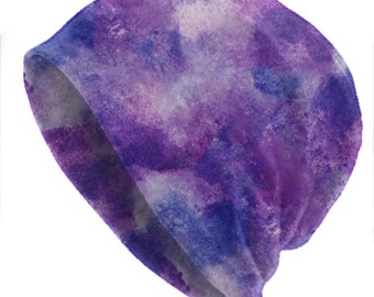 Purple Watercolor Beanie, Lavender Galaxy Beanie, Lightweight Stretch Beanie, Thin Slouchy Hat, Artistic Purple Skull Cap