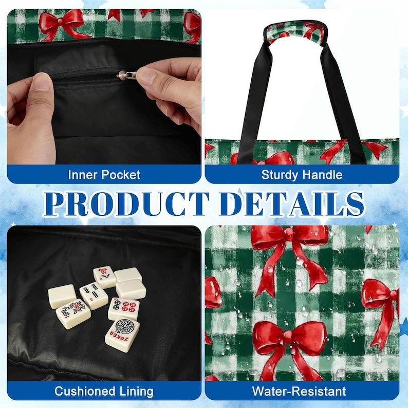 Christmas Mahjong Bag Set, Holiday Mahjong Tote Bag, Christmas Bow Mahjong Tile Bag, Buffalo Plaid Mahjong Rack Bag, Festive Mahjong Bild 8