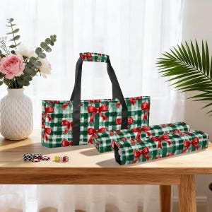 Christmas Mahjong Bag Set, Holiday Mahjong Tote Bag, Christmas Bow Mahjong Tile Bag, Buffalo Plaid Mahjong Rack Bag, Festive Mahjong Bild 11