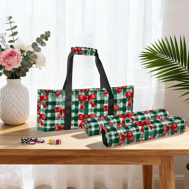 Christmas Mahjong Bag Set, Holiday Mahjong Tote Bag, Christmas Bow Mahjong Tile Bag, Buffalo Plaid Mahjong Rack Bag, Festive Mahjong Bild 11