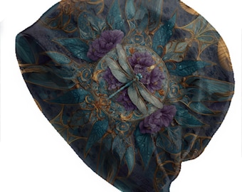 Berretto con libellula color verde acqua, berretto con teschio floreale viola, cappello boho botanico morbido e ampio, berretto gotico elasticizzato