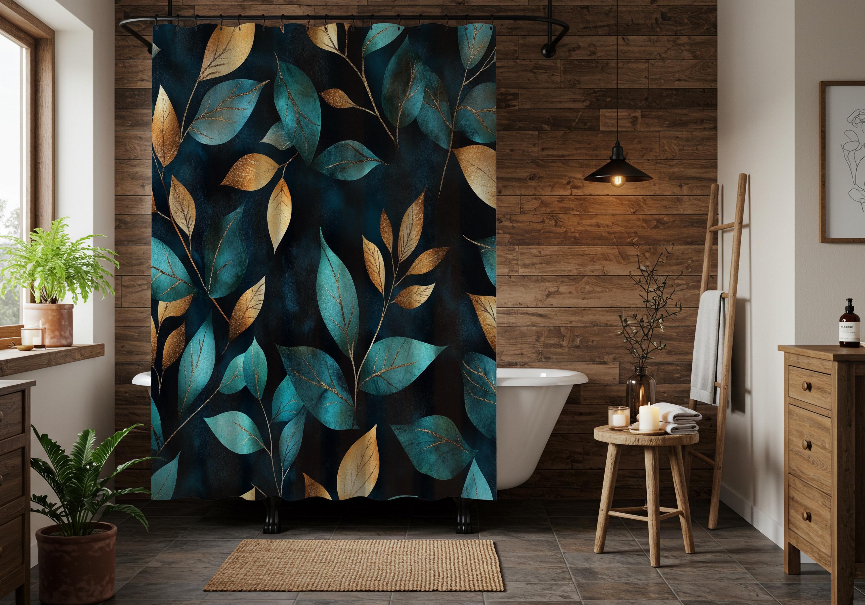 Teal & Copper Leaves Shower Curtain, Elegant Botanical Design, Metallic…