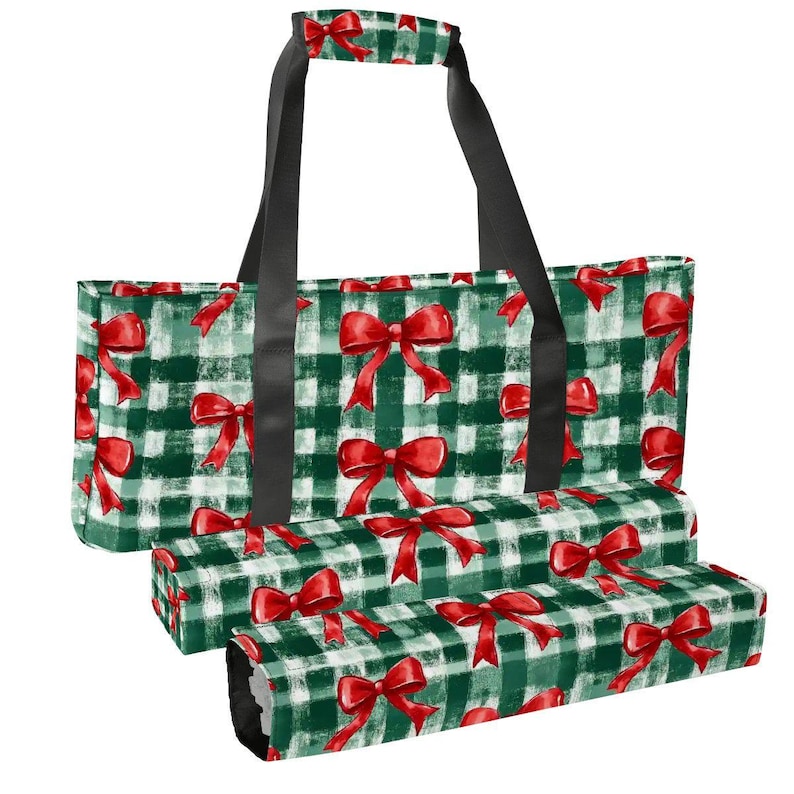 Christmas Mahjong Bag Set, Holiday Mahjong Tote Bag, Christmas Bow Mahjong Tile Bag, Buffalo Plaid Mahjong Rack Bag, Festive Mahjong Bild 2