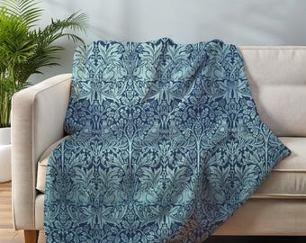 Velveteen Plush Blanket Print Blue Botanical Bunny - Cozy Floral Rabbit Throw for Home Decor, Victorian Botanical Designs, Winter Blanket,